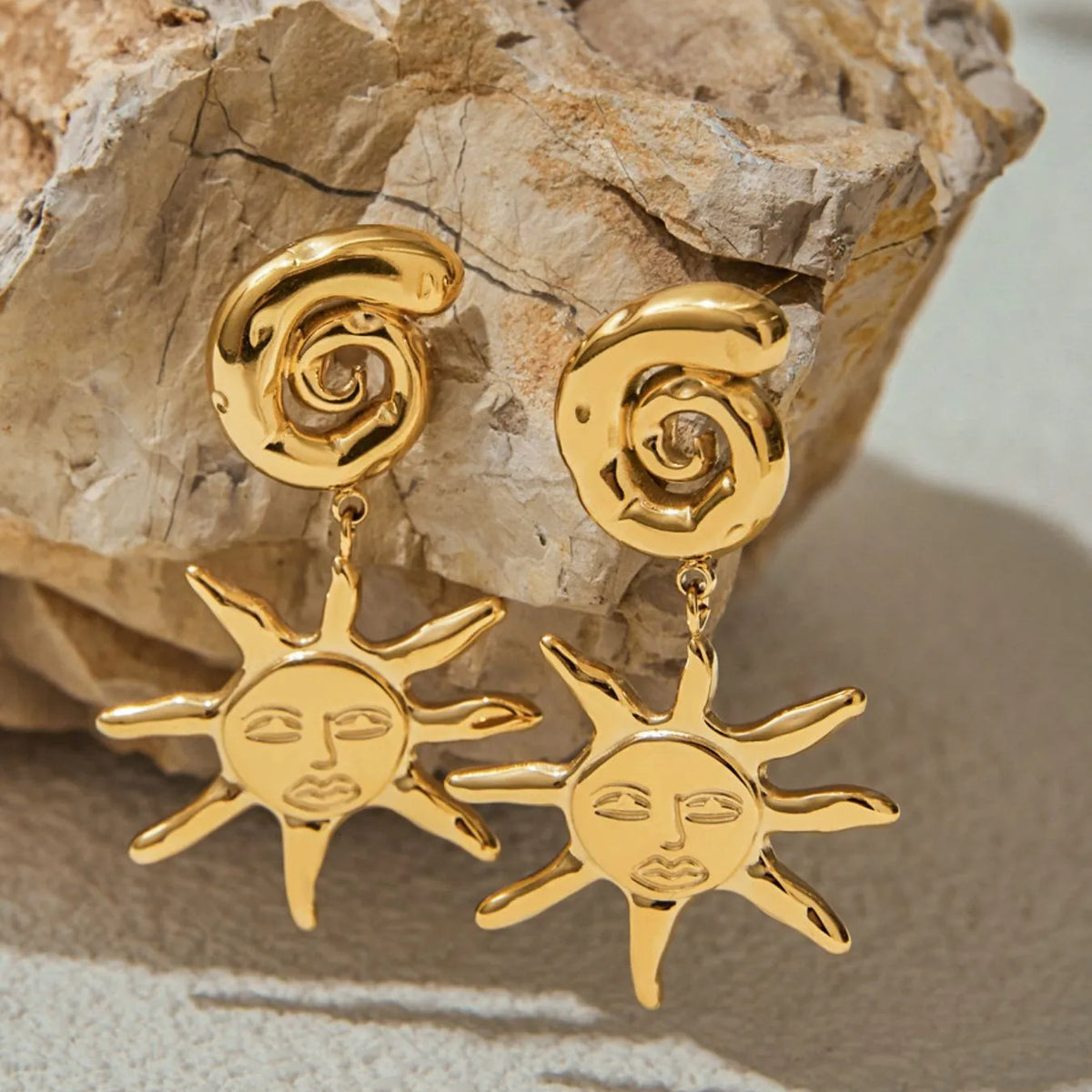 Celestial Sun Face Spiral Drop Earrings