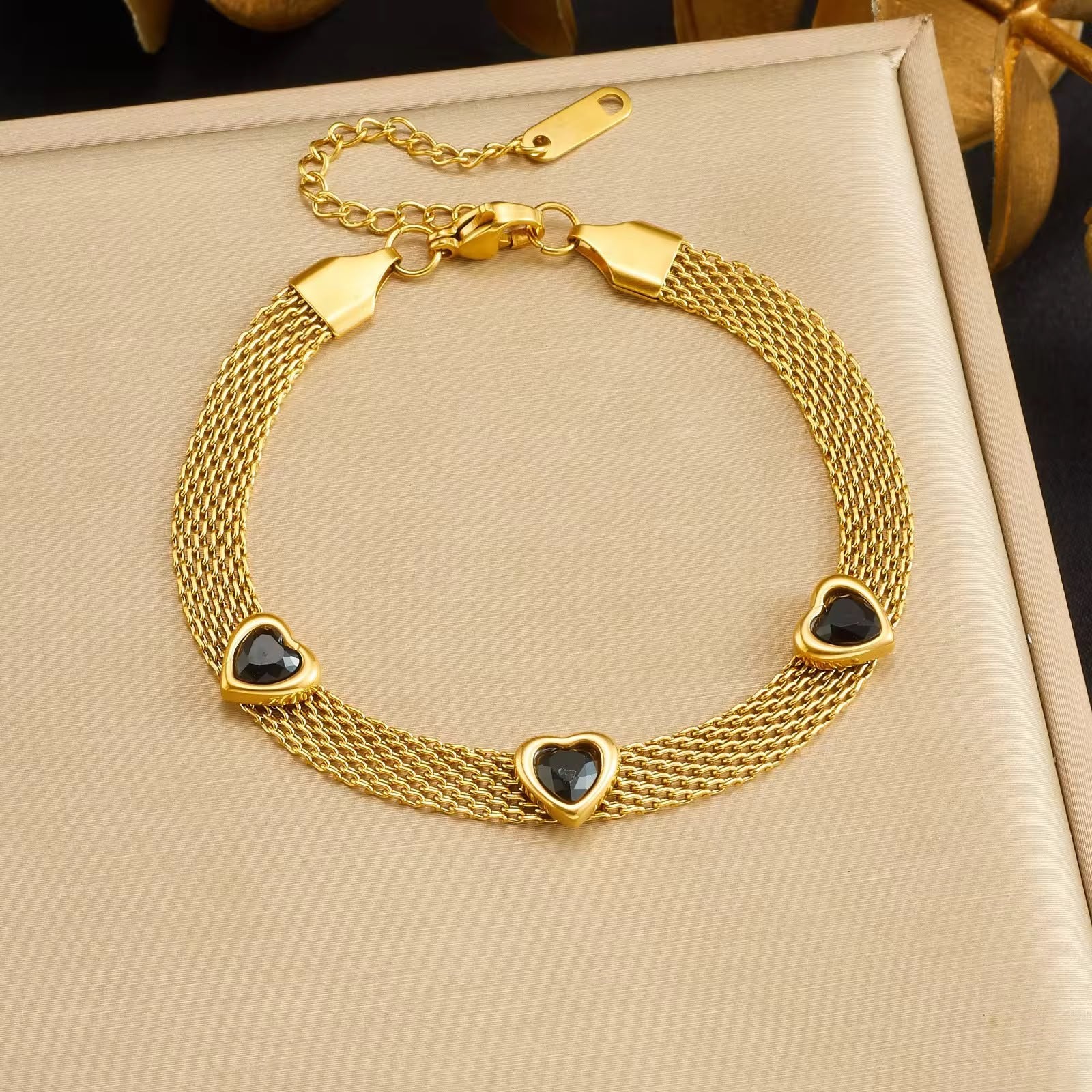 Black Heart Charm Gold Mesh Bracelet