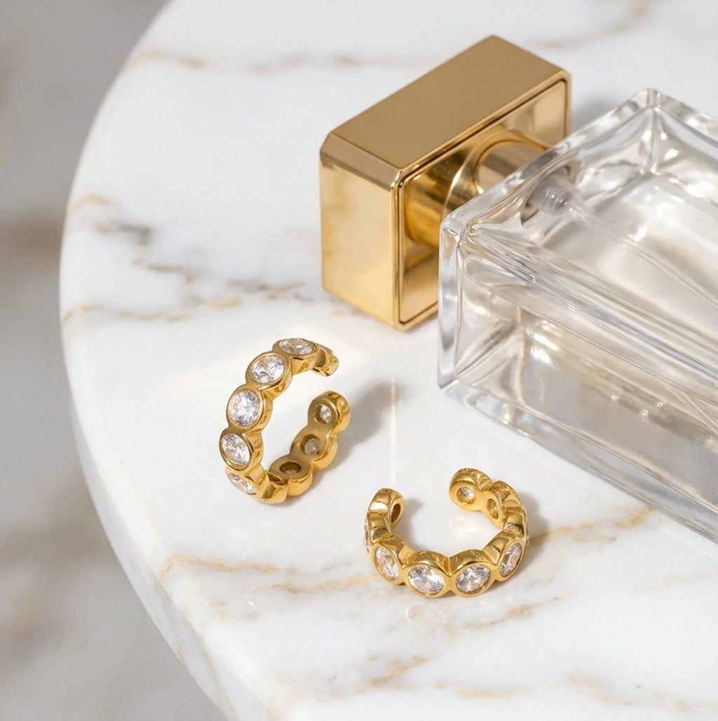 Bezel-Set Crystal Gold Huggie Hoop Ear Cuffs