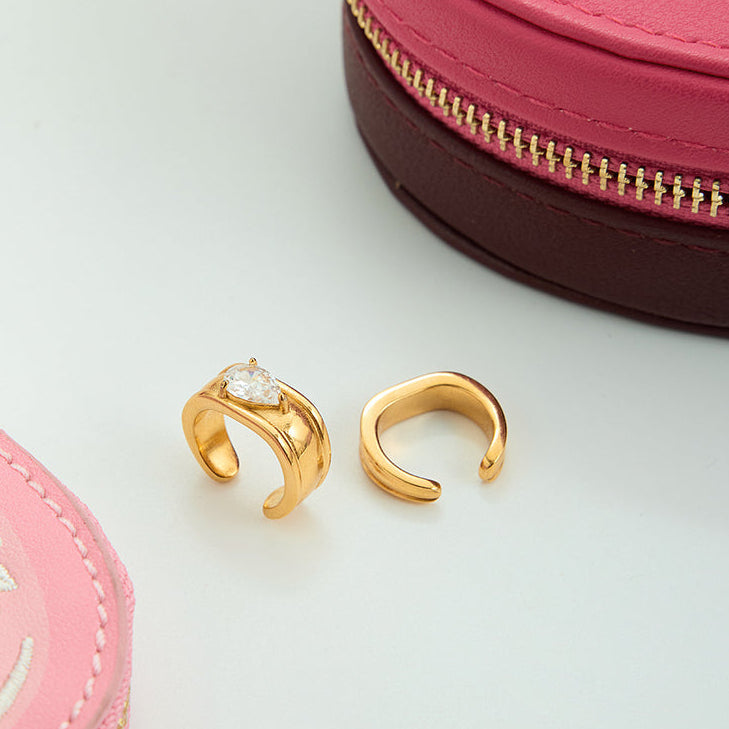 Pear Solitaire Double-Band Gold Ear Cuffs