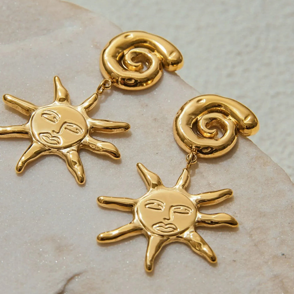 Celestial Sun Face Spiral Drop Earrings