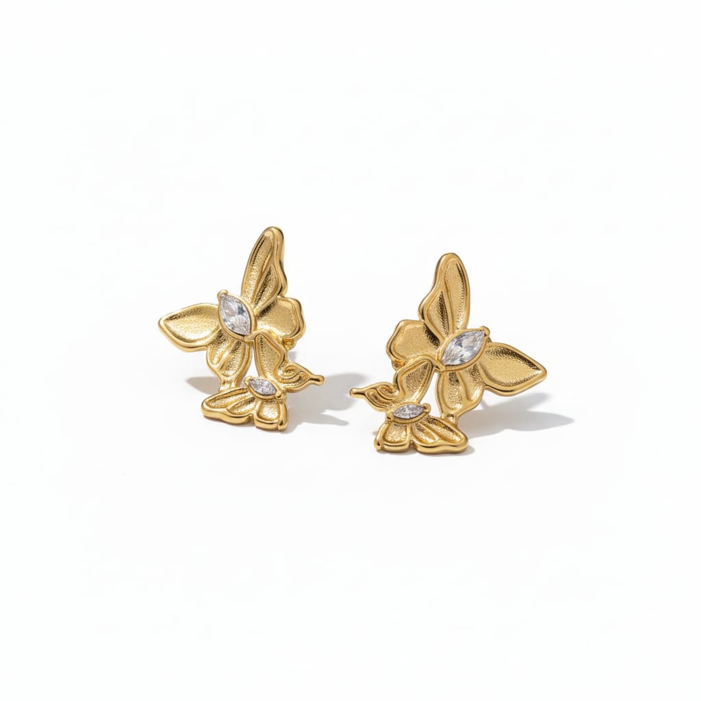 Golden Butterfly Stud Earrings with Crystal Accents