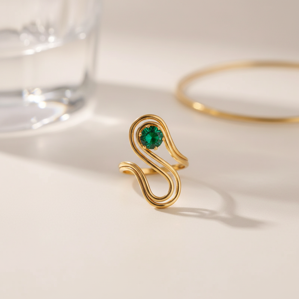 Emerald Oval Molten Sculptural Ring Adjustable