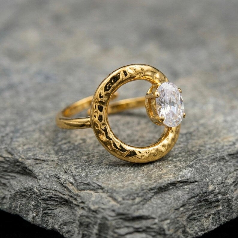 Oval Solitaire Hammered Circle Adjustable Ring