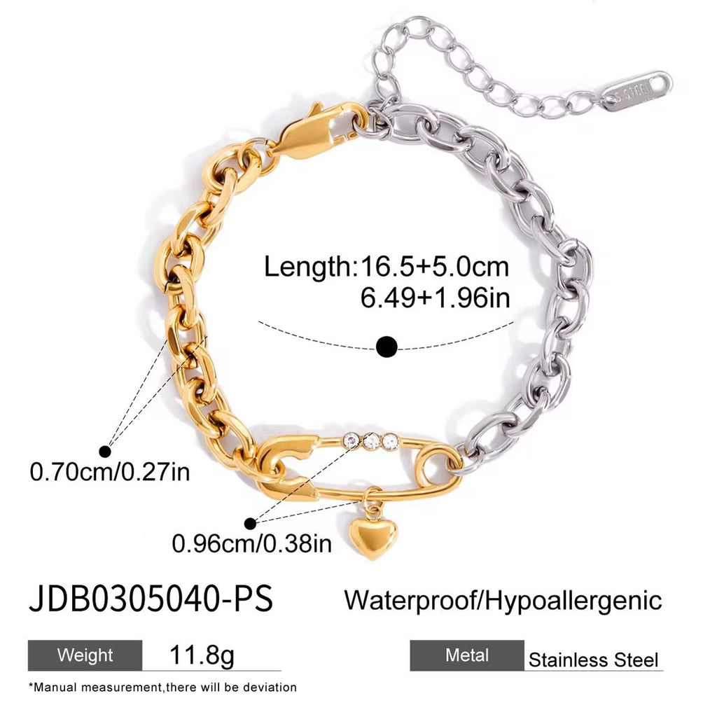 Two-Tone Safety Pin Heart Charm Bracelet