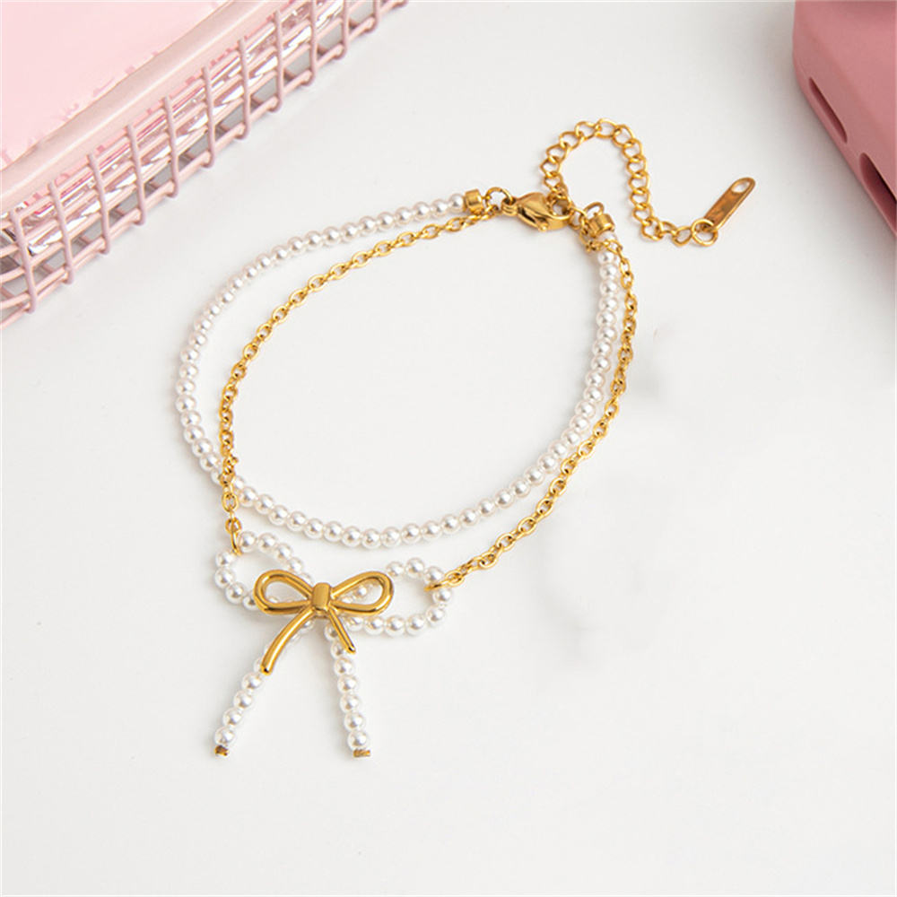 Pearl & Gold Bow Layered Bracelet
