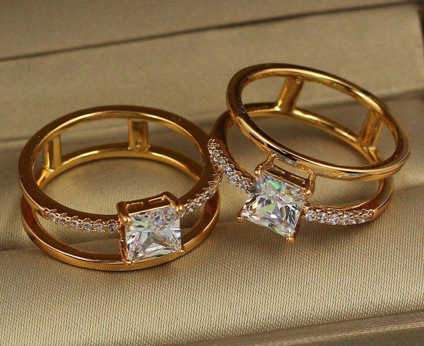 Princess Cut Double Band Pavé Ring