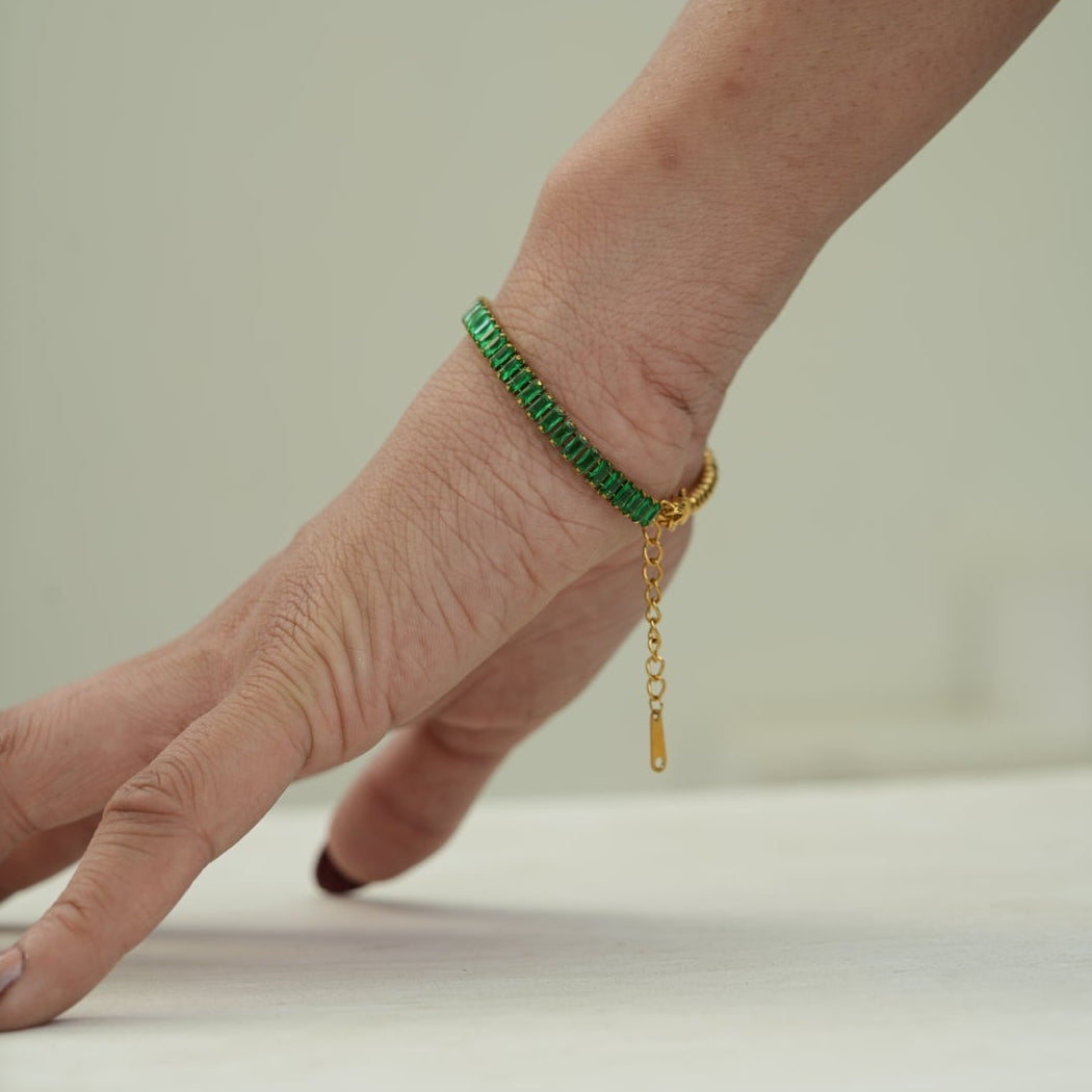 Emerald Baguette & Gold Bead  Bracelet