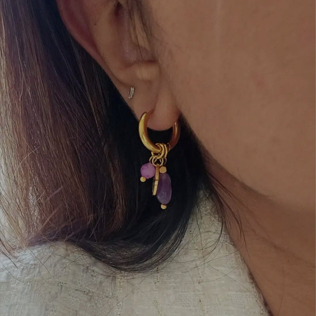 Amethyst & Hammered Gold Coin Huggie Earrings