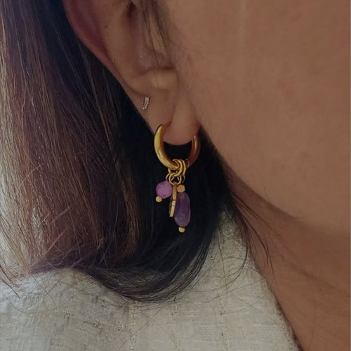 Amethyst & Hammered Gold Coin Huggie Earrings