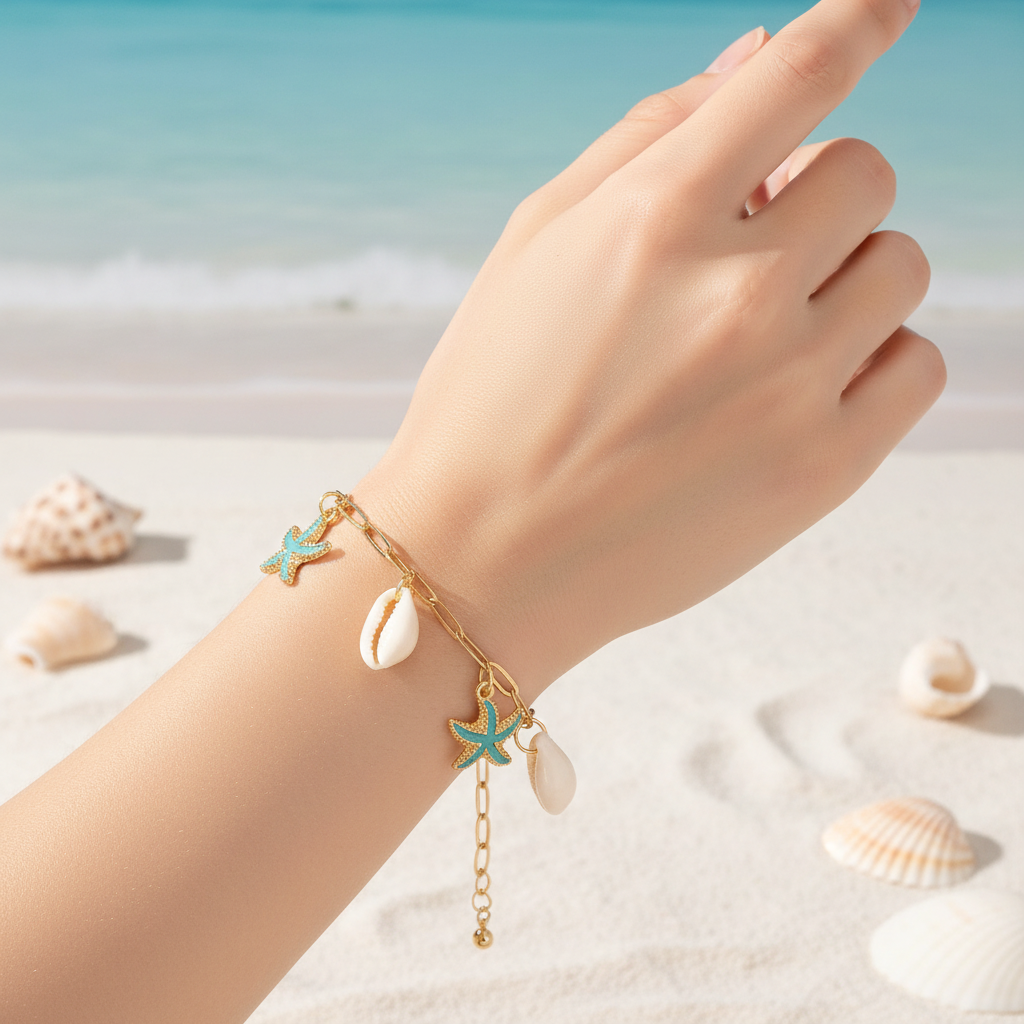 Starfish and shell bracelet on hand